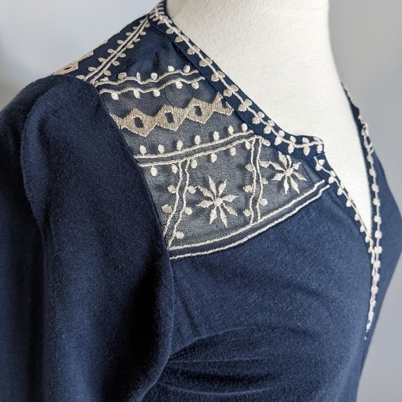 𝅺lucky Brand Navy Blue Tunic Tee Shirt S Western Embroidery - Picture 6 of 13